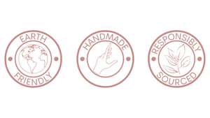 3 Icons showing core values: Earth friendly, handmade and responsibly sourced